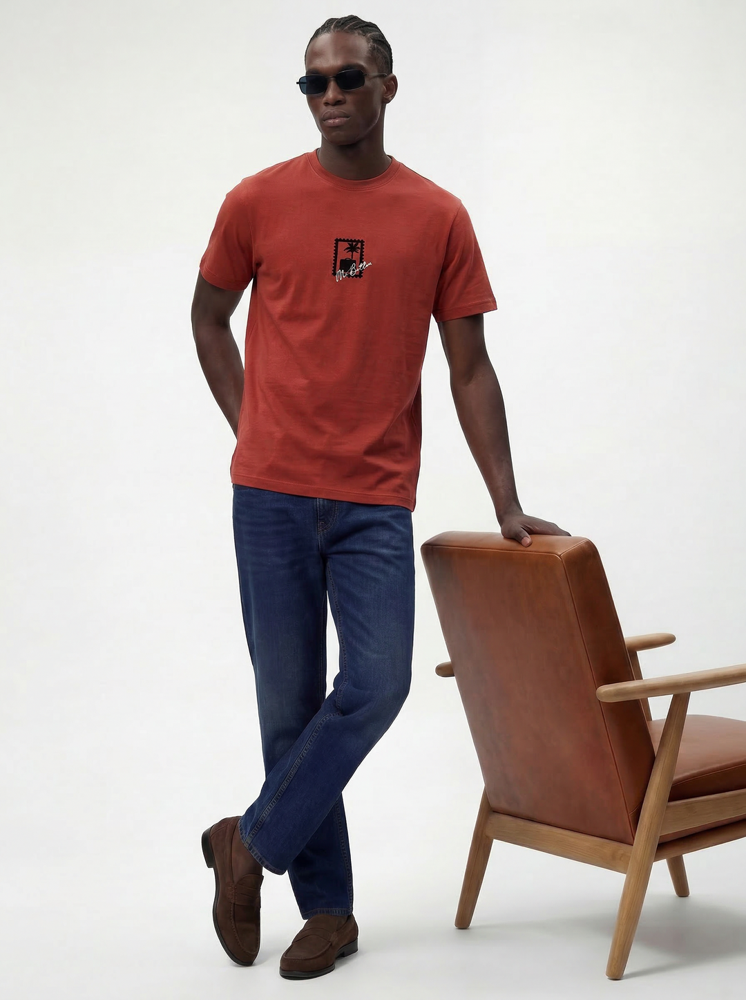 Rust Cotton Lycra Regular Fit Embrioded Round Neck T-Shirt