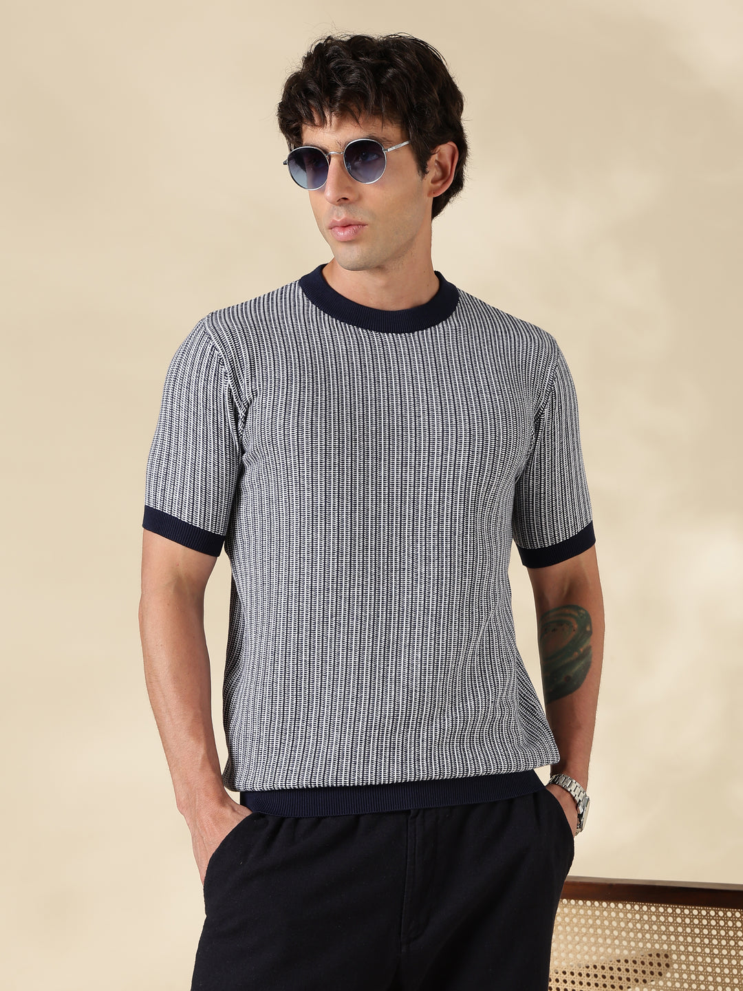 Black Stripe Slim Fit Round Neck Flat Knit T-Shirt