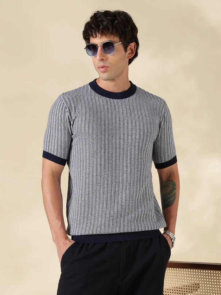 NAVY STRIPED SLIM FIT ROUND NECK FLAT KNIT T-SHIRT