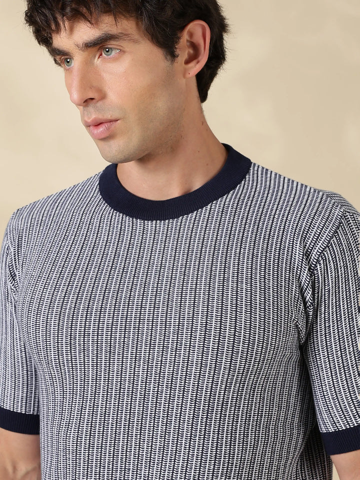 NAVY STRIPED SLIM FIT ROUND NECK FLAT KNIT T-SHIRT
