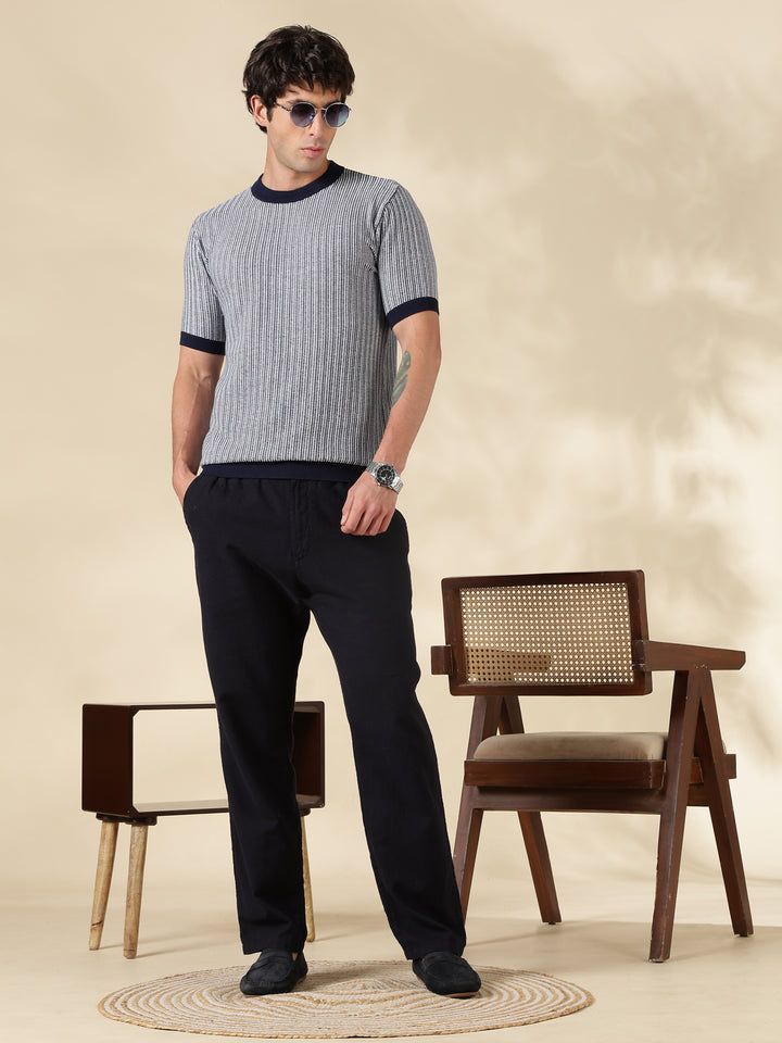 NAVY STRIPED SLIM FIT ROUND NECK FLAT KNIT T-SHIRT