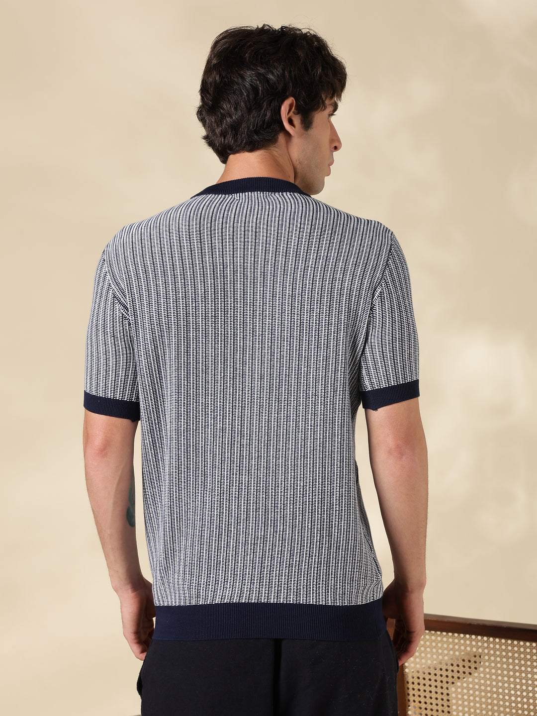 NAVY STRIPED SLIM FIT ROUND NECK FLAT KNIT T-SHIRT
