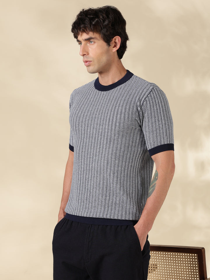 NAVY STRIPED SLIM FIT ROUND NECK FLAT KNIT T-SHIRT