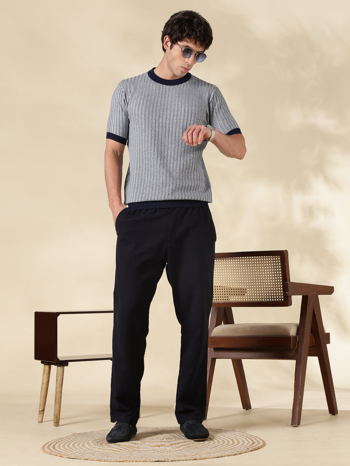 NAVY STRIPED SLIM FIT ROUND NECK FLAT KNIT T-SHIRT