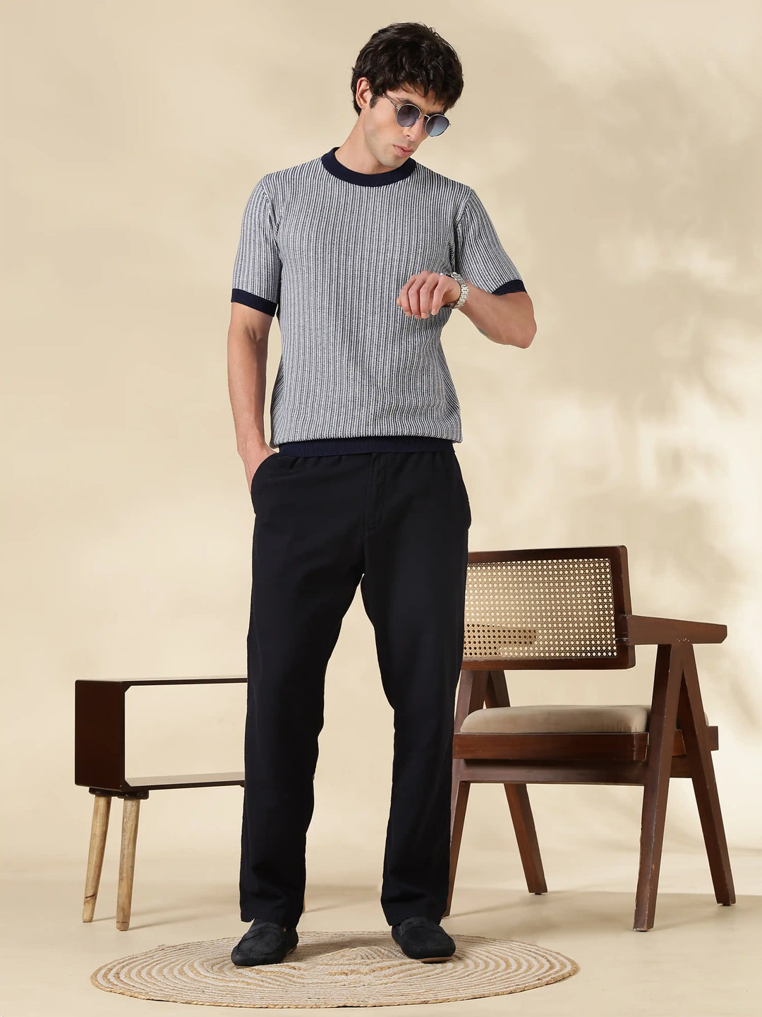 Black Stripe Slim Fit Round Neck Flat Knit T-Shirt