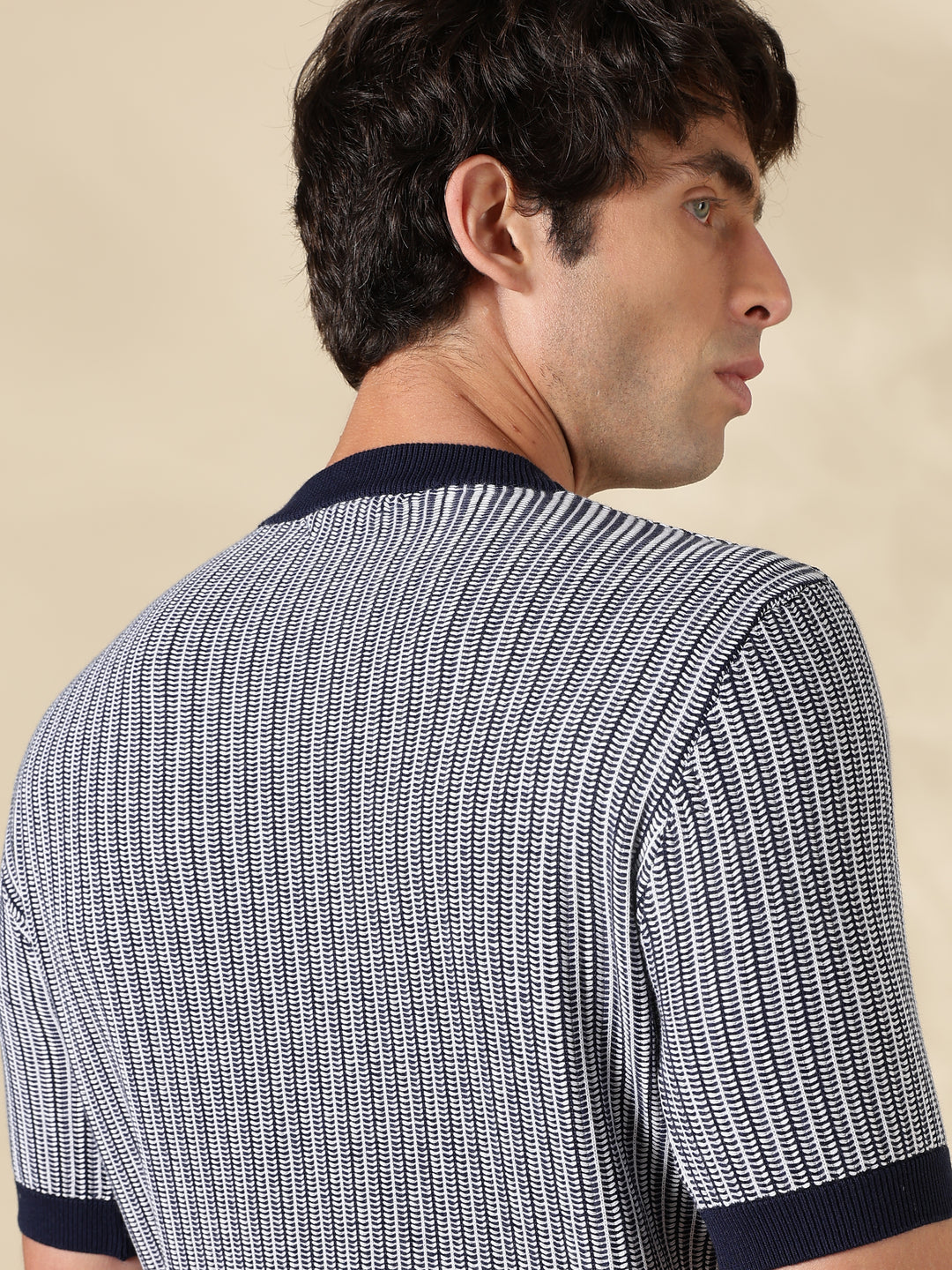 NAVY STRIPED SLIM FIT ROUND NECK FLAT KNIT T-SHIRT