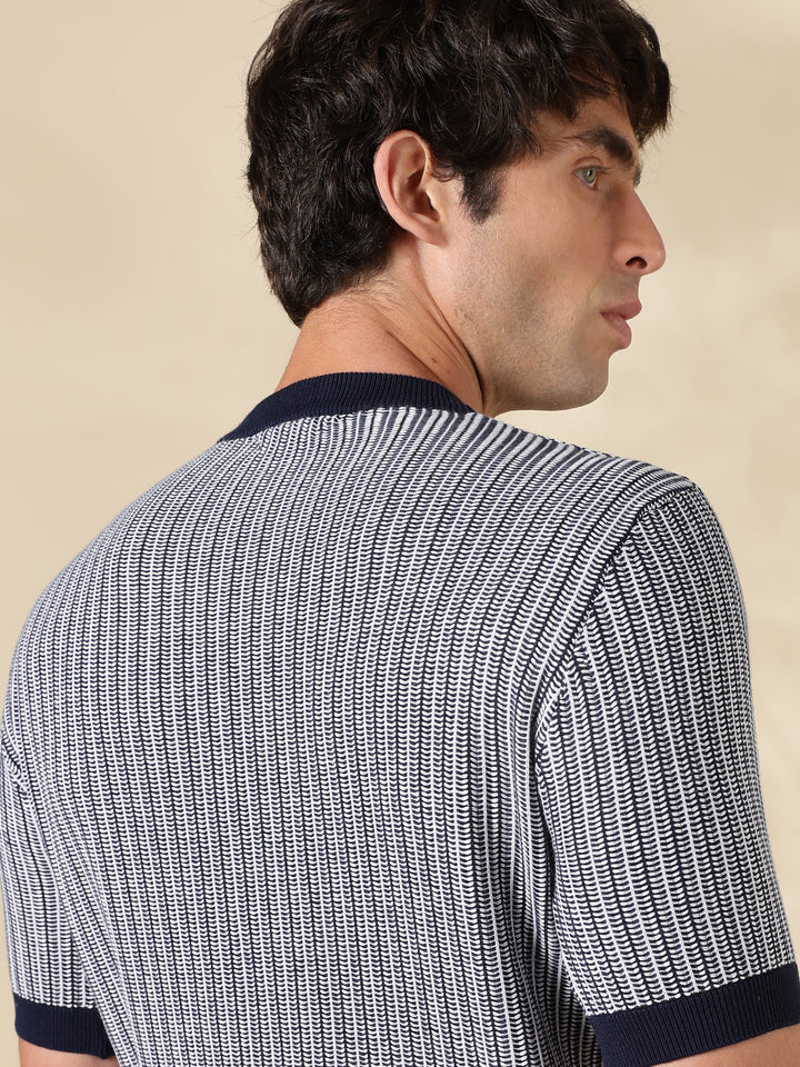 NAVY STRIPED SLIM FIT ROUND NECK FLAT KNIT T-SHIRT