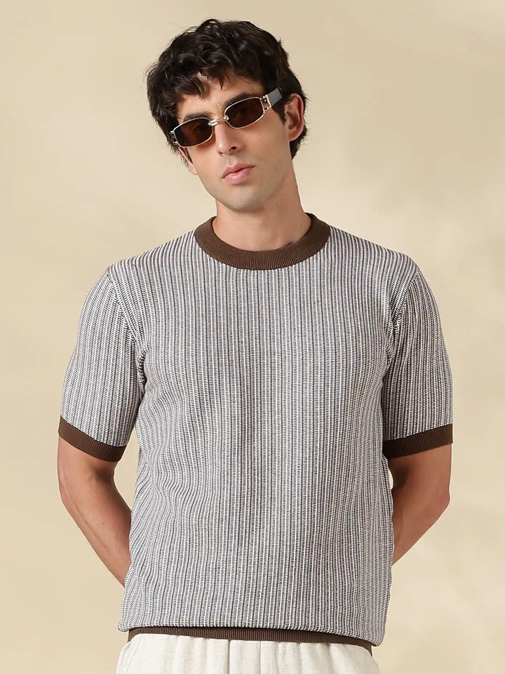 Brown Stripe Slim Fit Flat Knit T-Shirt