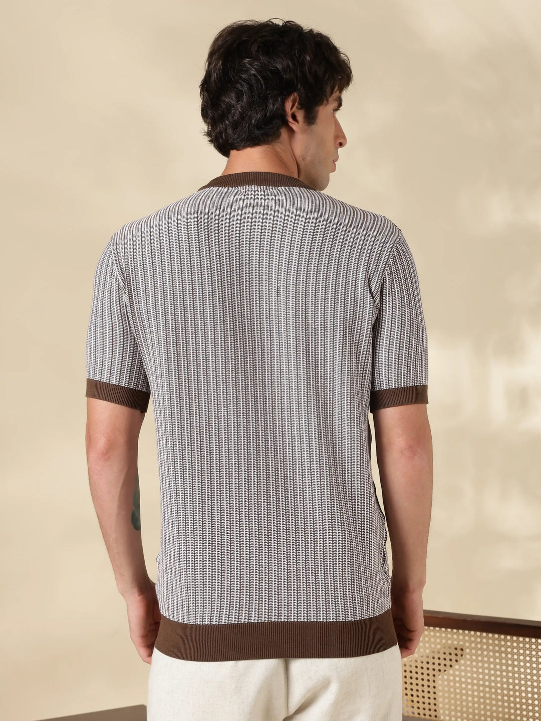 Brown Stripe Slim Fit Flat Knit T-Shirt