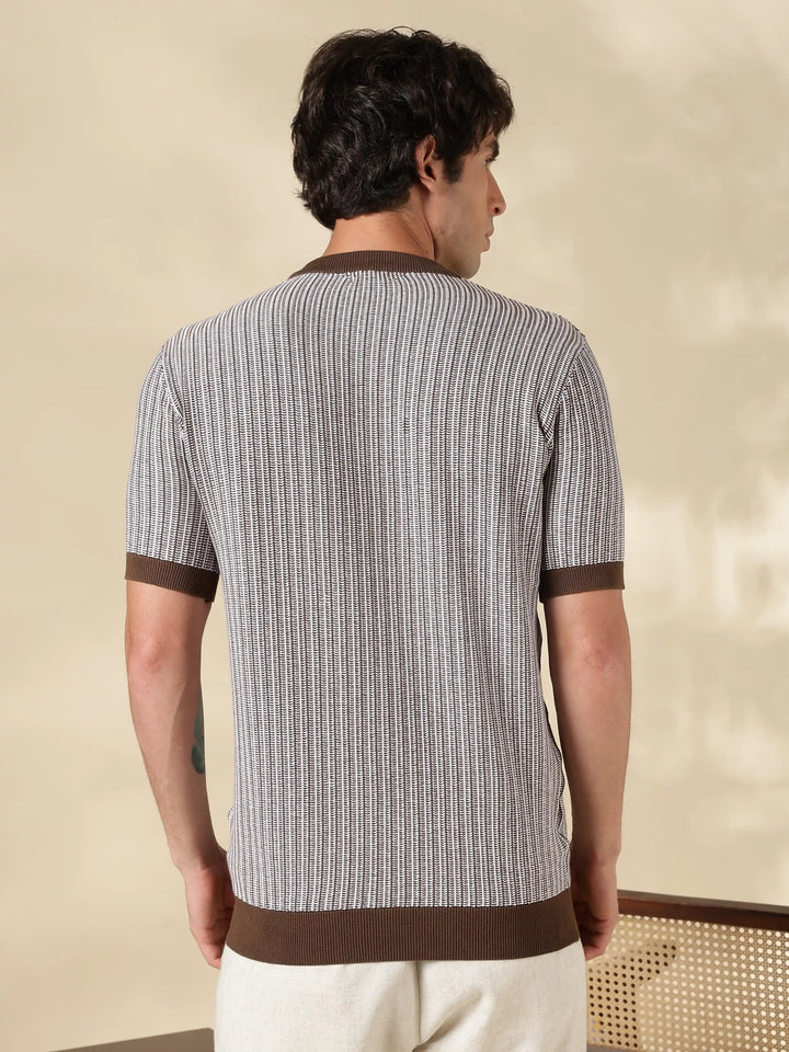 Brown Stripe Slim Fit Flat Knit T-Shirt