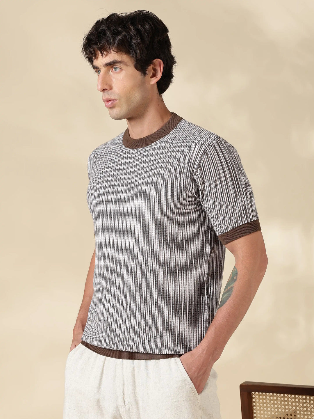 Brown Stripe Slim Fit Flat Knit T-Shirt