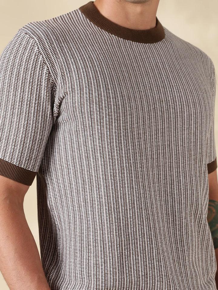 Brown Stripe Slim Fit Flat Knit T-Shirt