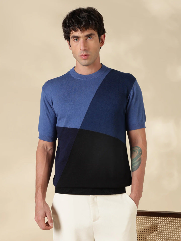 Blue Colour Block Flat Knit T-Shirt