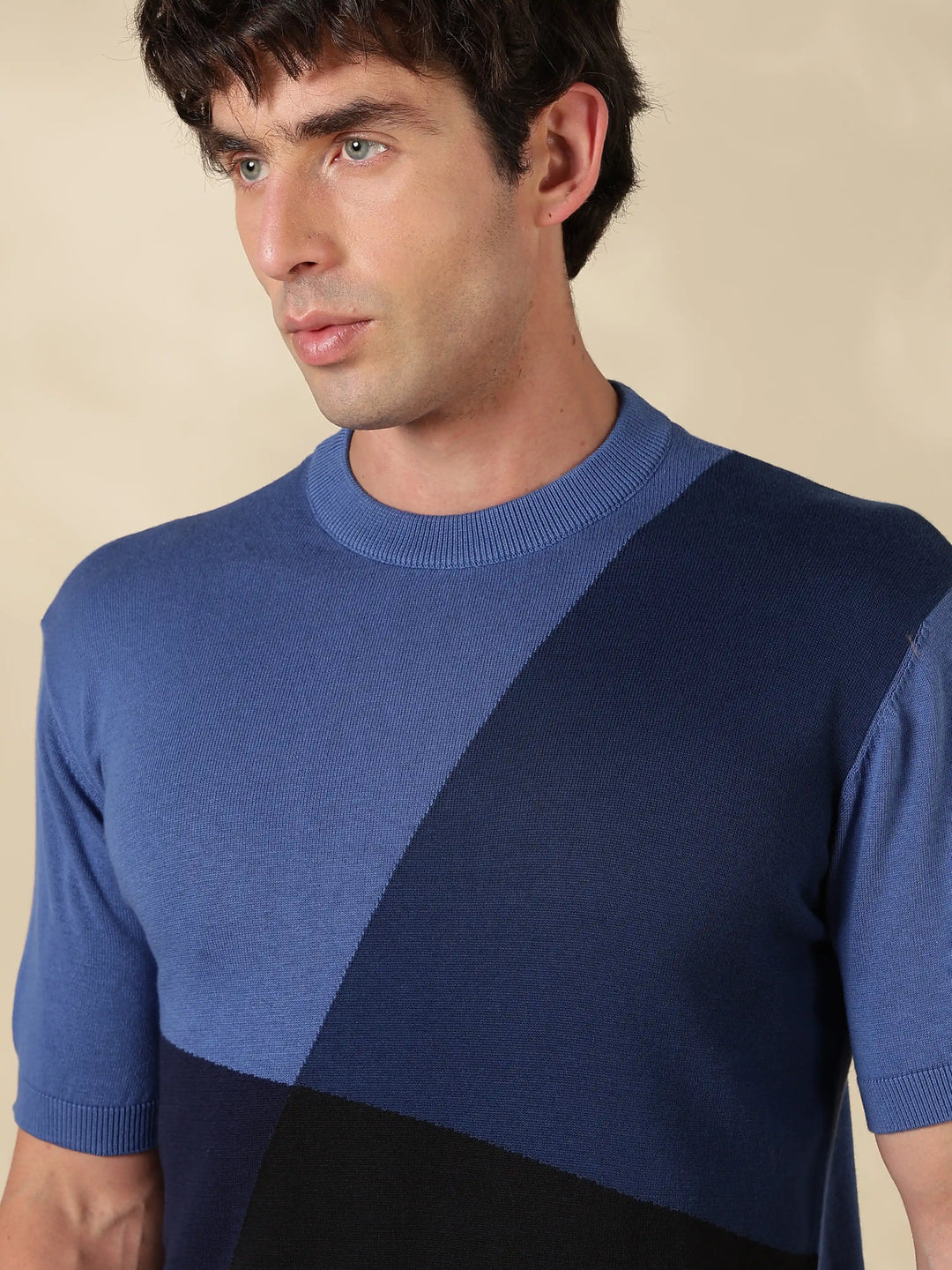 Blue Colour Block Flat Knit T-Shirt