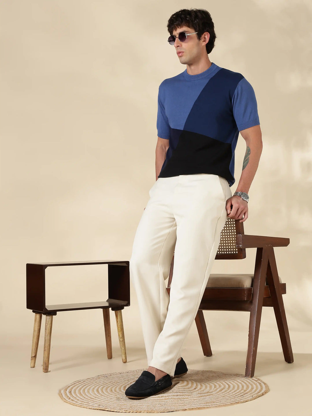 Blue Colour Block Flat Knit T-Shirt