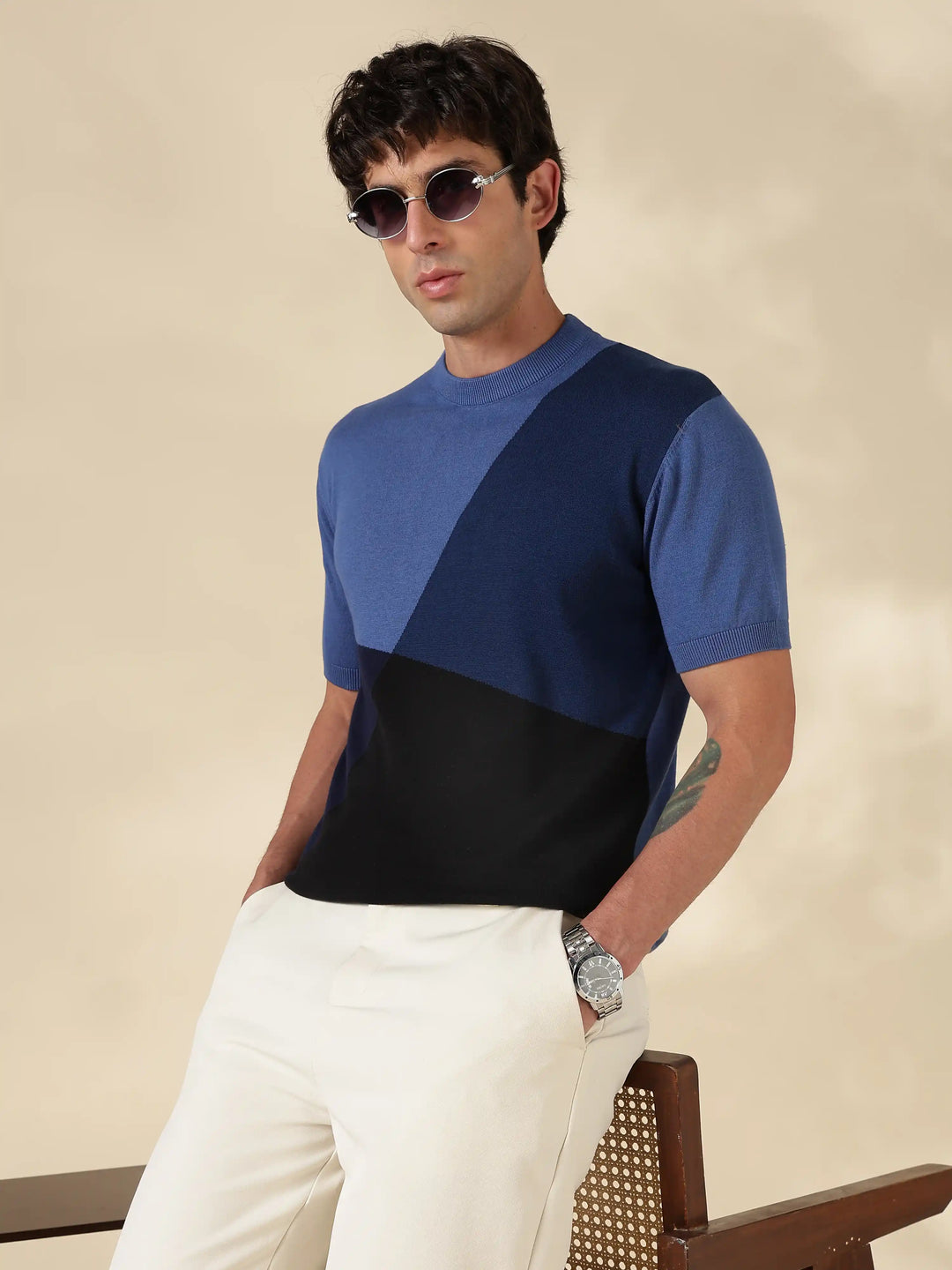 Blue Colour Block Flat Knit T-Shirt