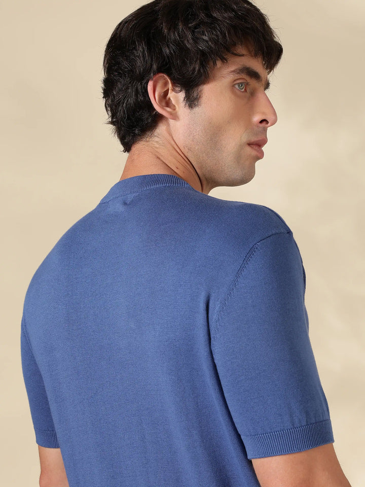 Blue Colour Block Flat Knit T-Shirt