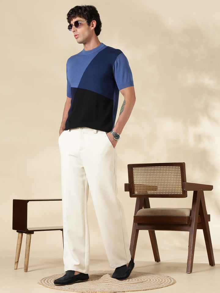 Blue Colour Block Flat Knit T-Shirt