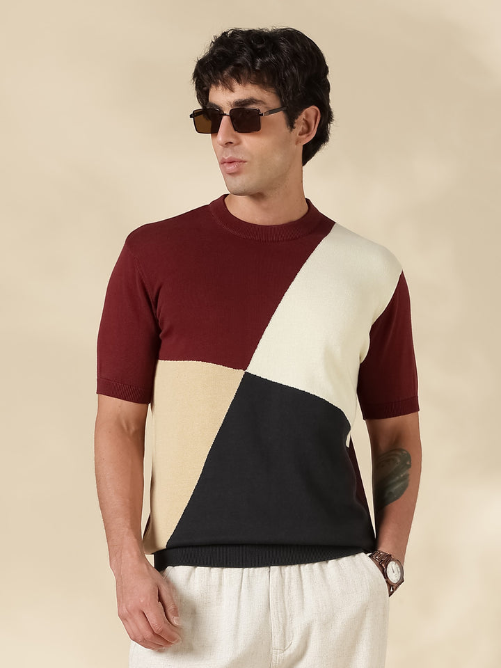 Brown Colour Block Flat Knit T-Shirt