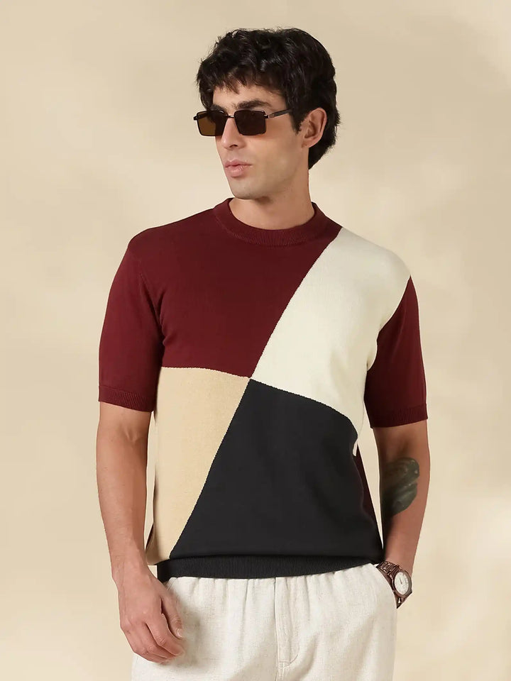 Brown Colour Block Flat Knit T-Shirt