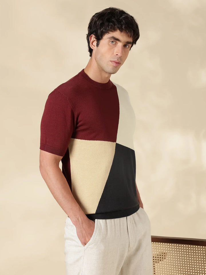 Brown Colour Block Flat Knit T-Shirt
