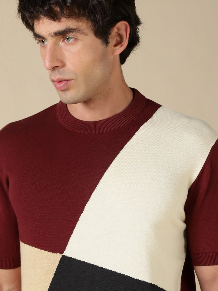 Brown Colour Block Flat Knit T-Shirt