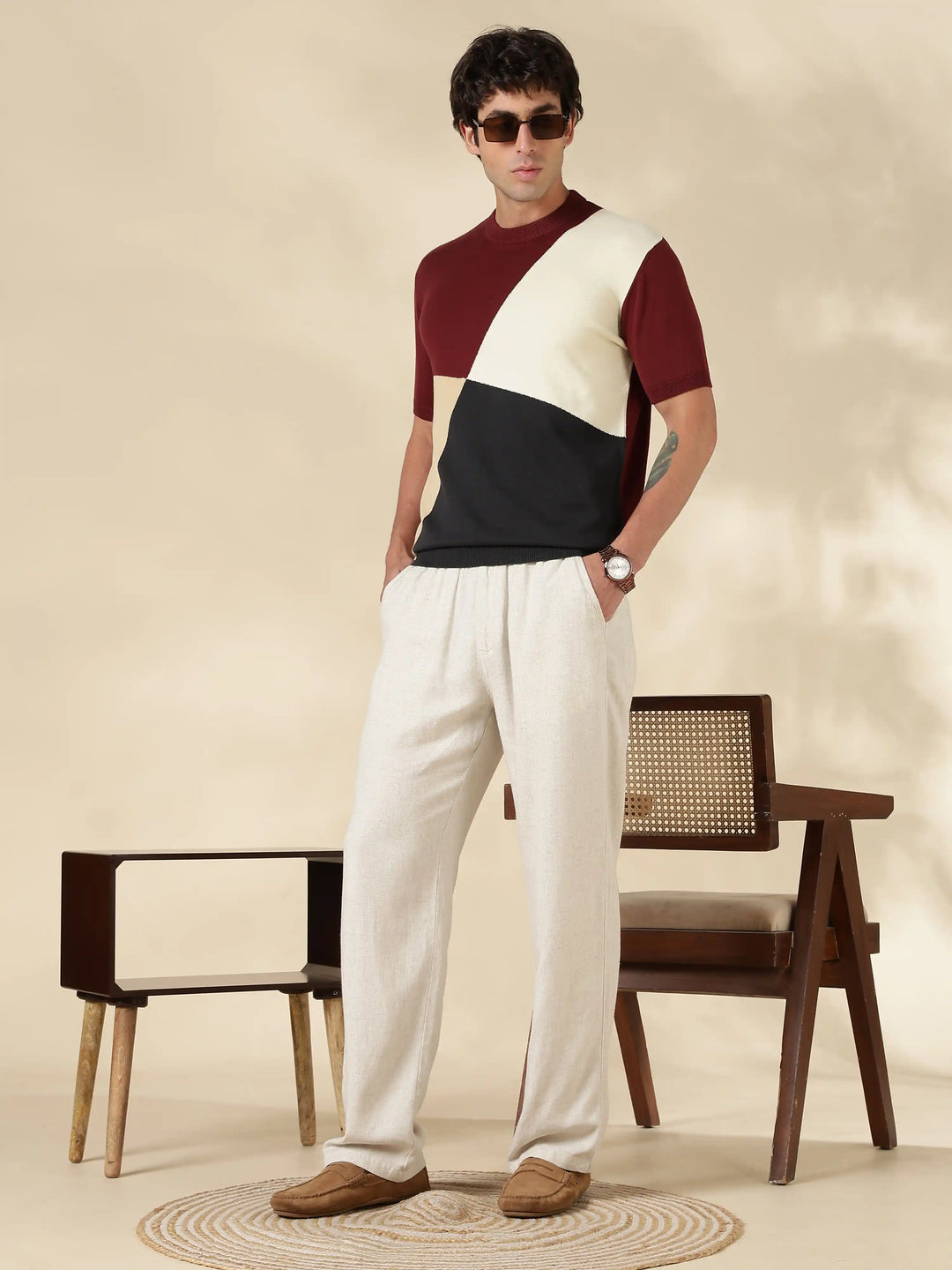 Brown Colour Block Flat Knit T-Shirt