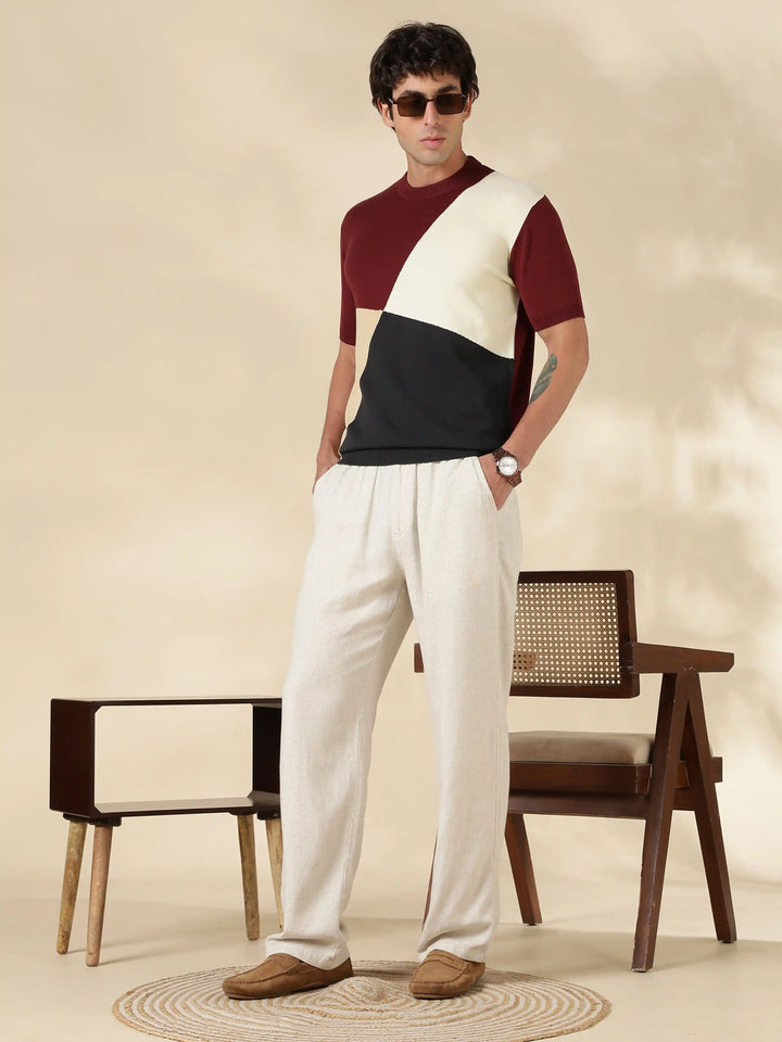 Brown Colour Block Flat Knit T-Shirt