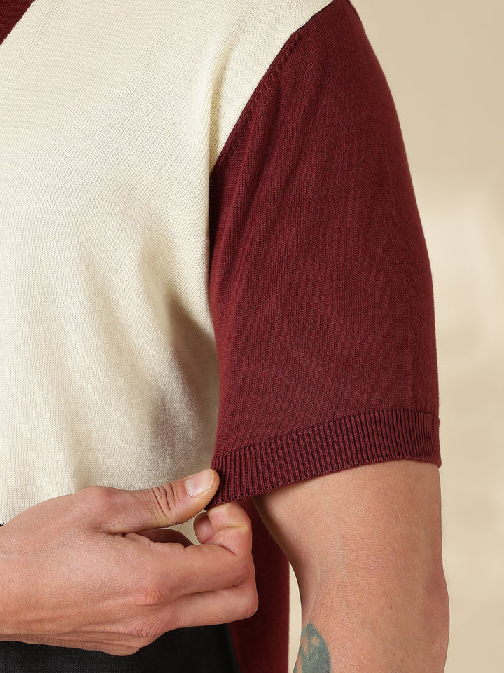 Brown Colour Block Flat Knit T-Shirt