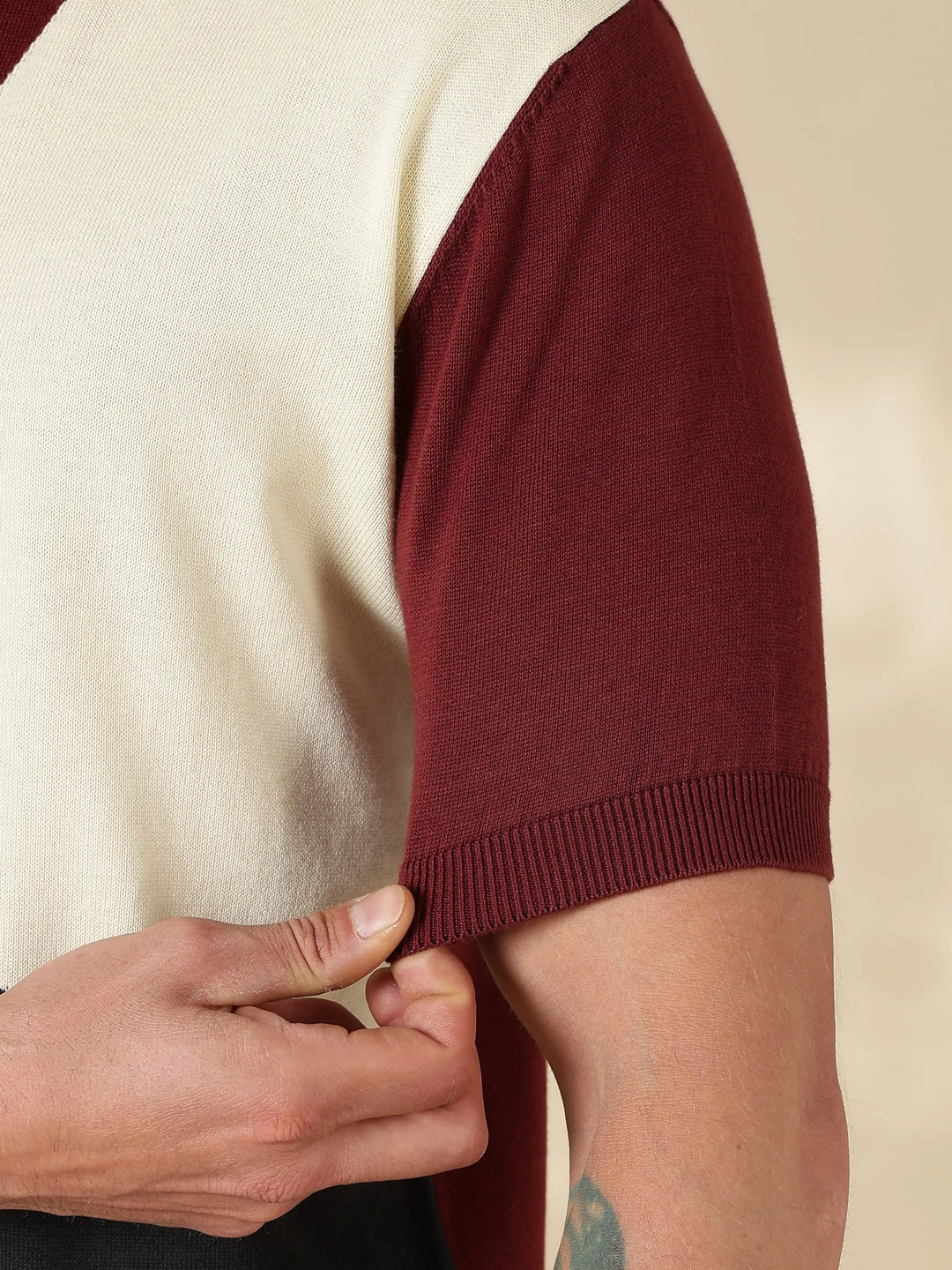 Brown Colour Block Flat Knit T-Shirt