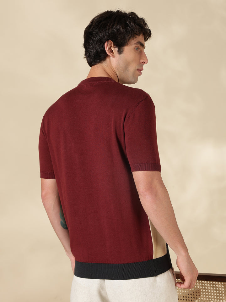 Brown Colour Block Flat Knit T-Shirt