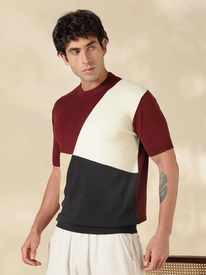 Brown Colour Block Flat Knit T-Shirt