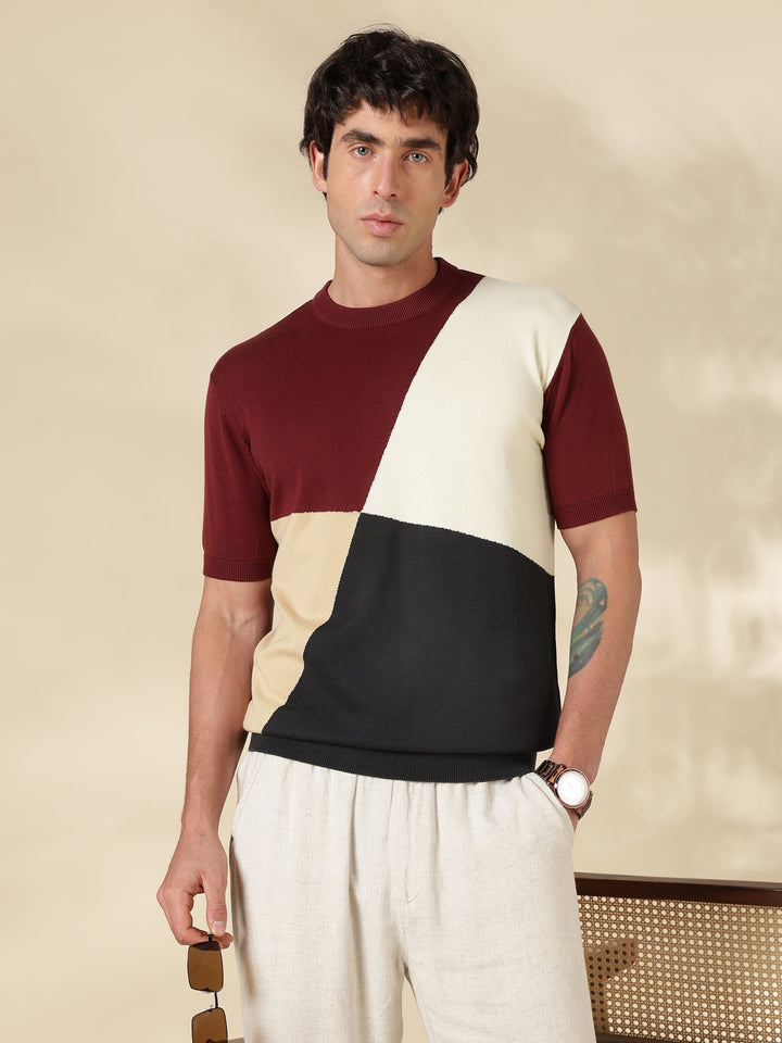 Brown Colour Block Flat Knit T-Shirt