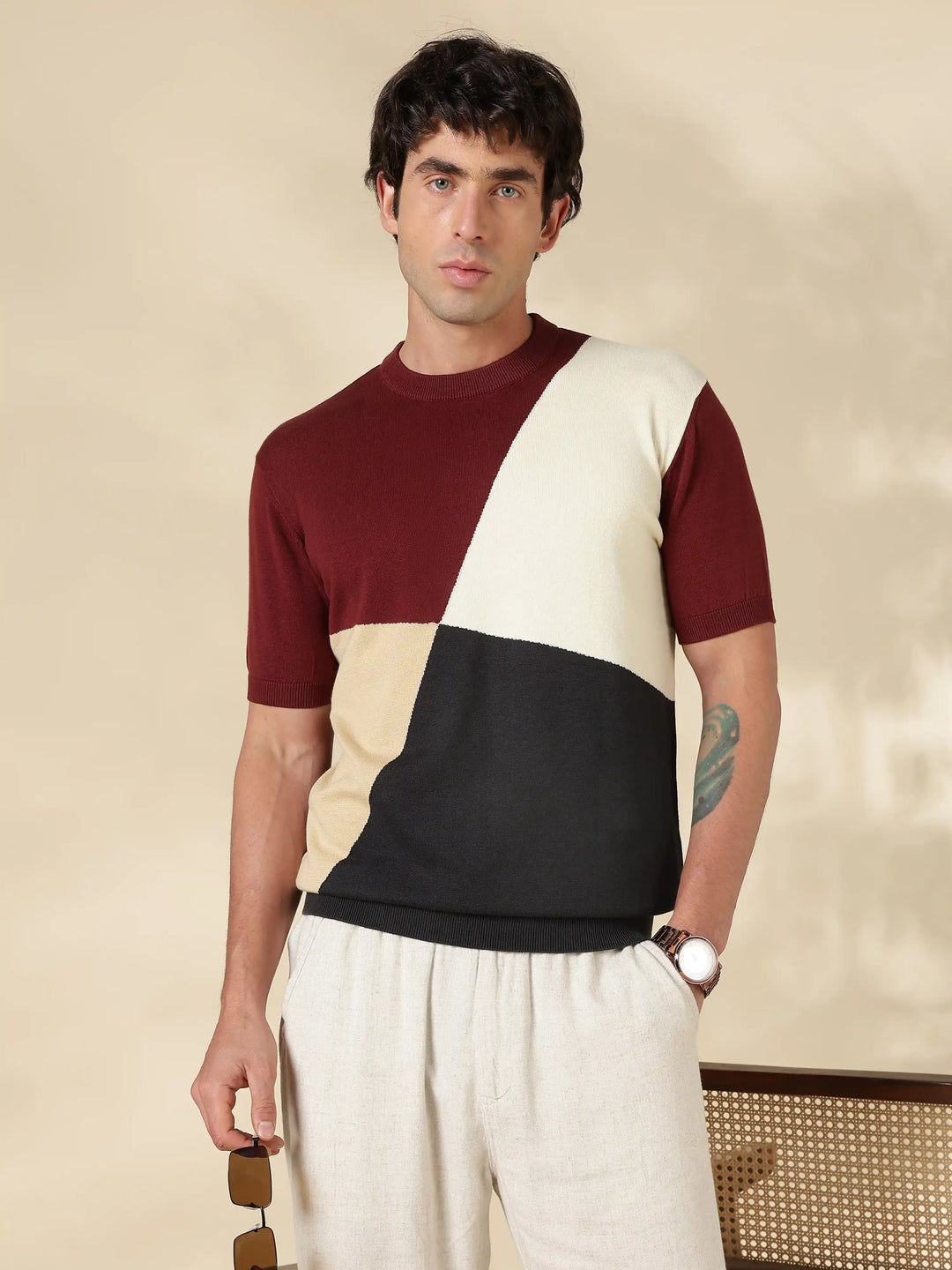 Brown Colour Block Flat Knit T-Shirt