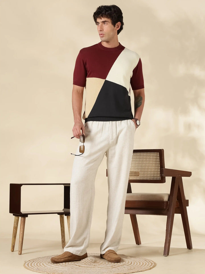Brown Colour Block Flat Knit T-Shirt