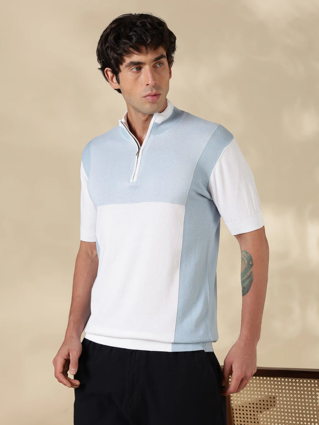 Blue Colour Block Slim Fit Flat Knit T-Shirt