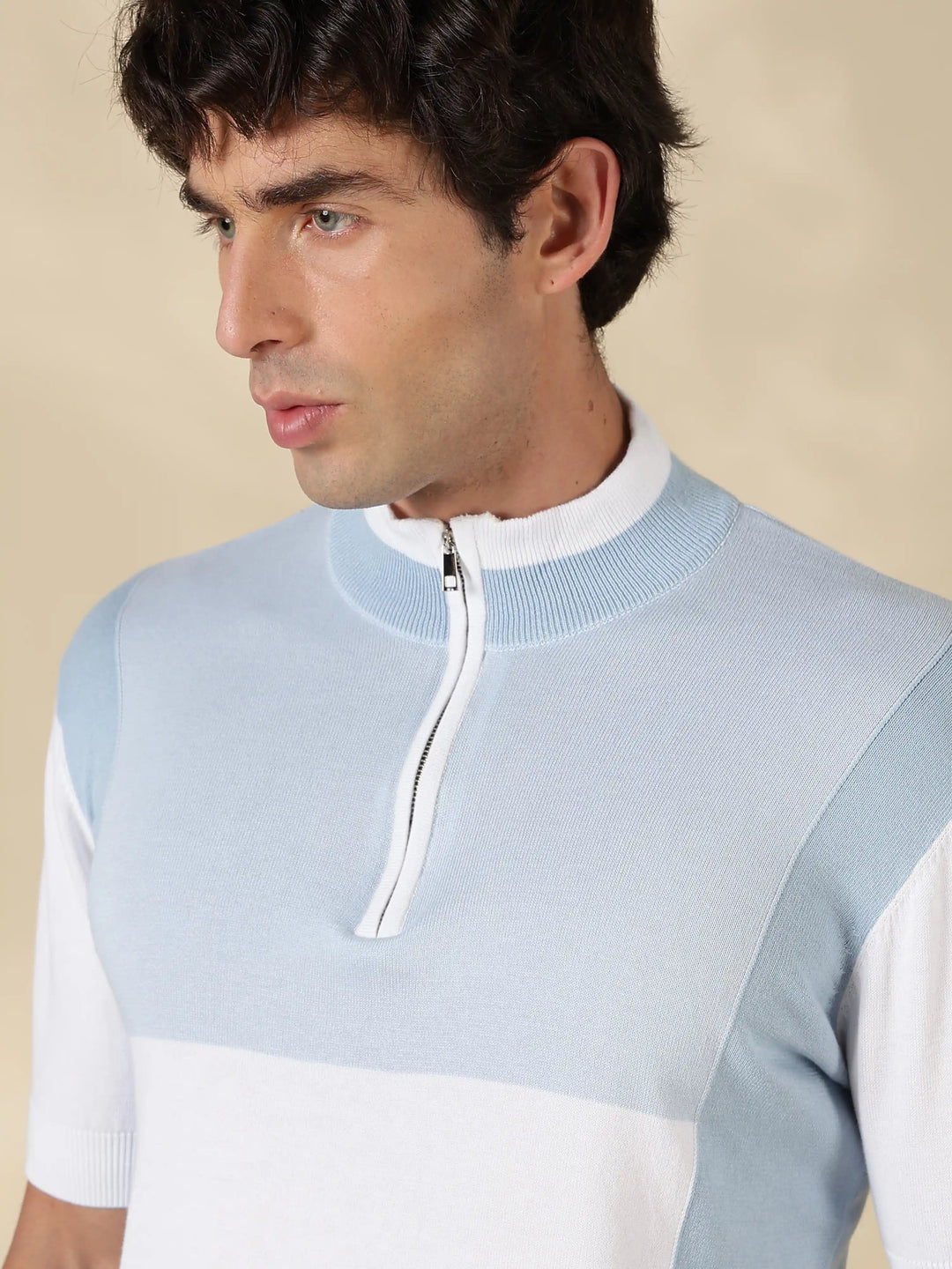 Blue Colour Block Slim Fit Flat Knit T-Shirt