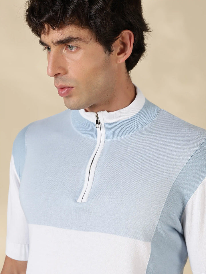 Blue Colour Block Slim Fit Flat Knit T-Shirt
