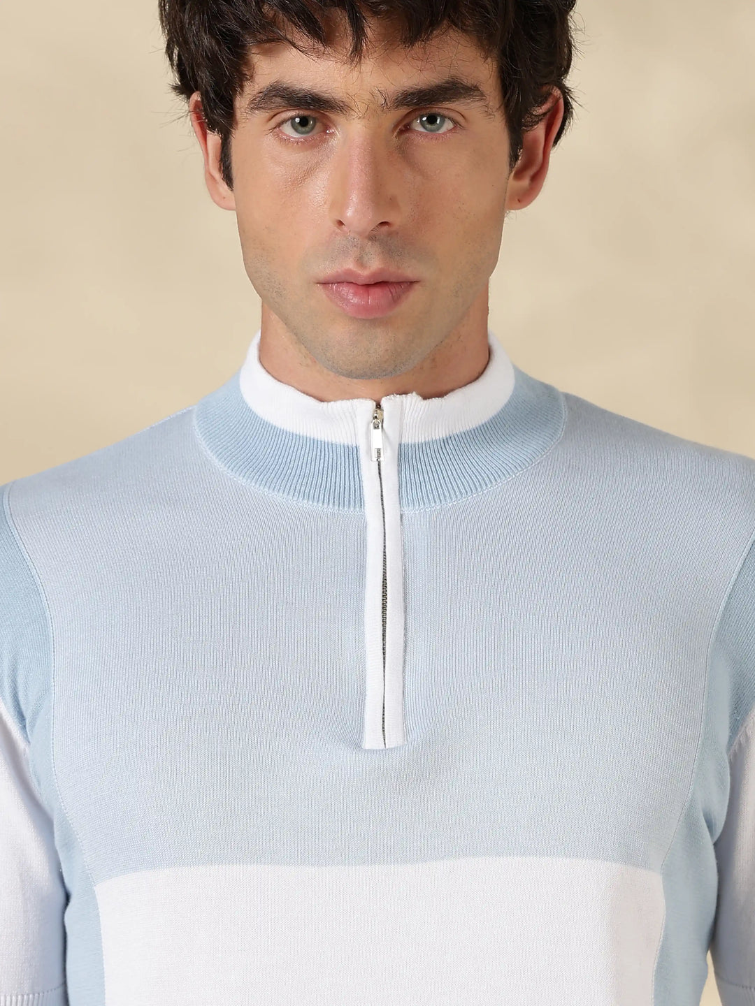 Blue Colour Block Slim Fit Flat Knit T-Shirt