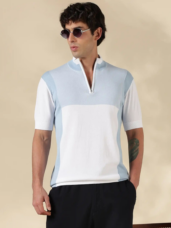 Blue Colour Block Slim Fit Flat Knit T-Shirt