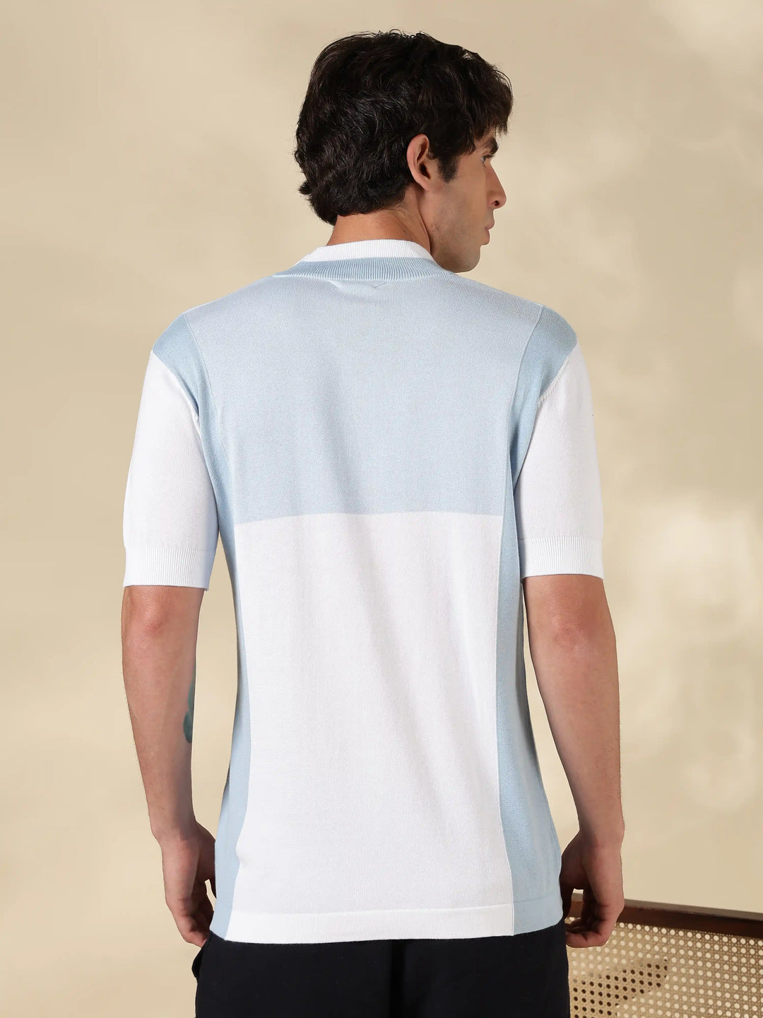 Blue Colour Block Slim Fit Flat Knit T-Shirt