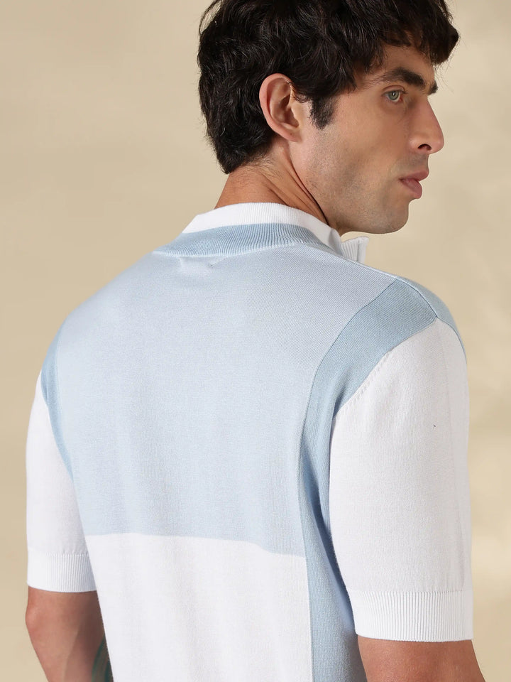 Blue Colour Block Slim Fit Flat Knit T-Shirt