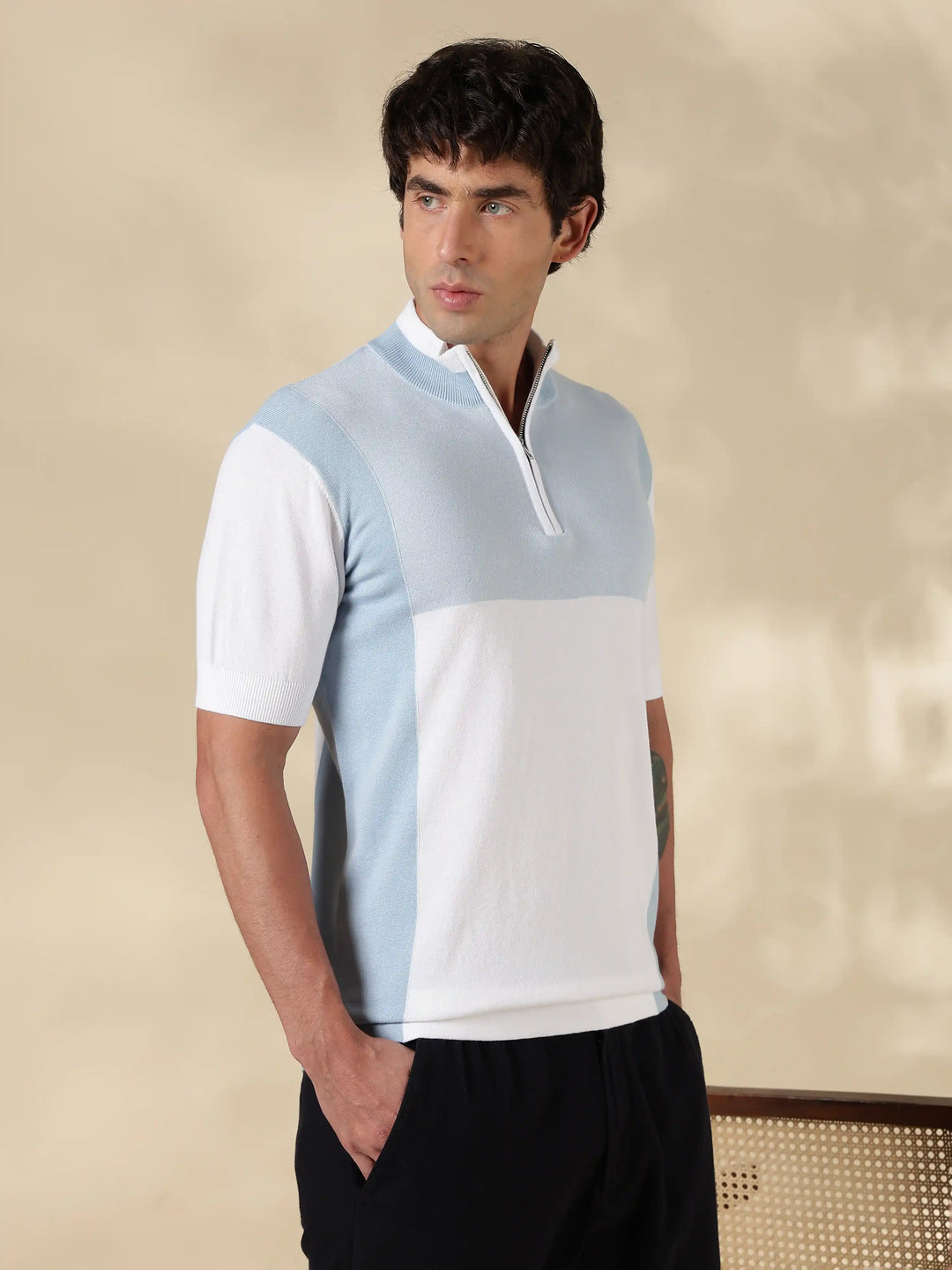 Blue Colour Block Slim Fit Round Neck Flat Knit T-Shirt