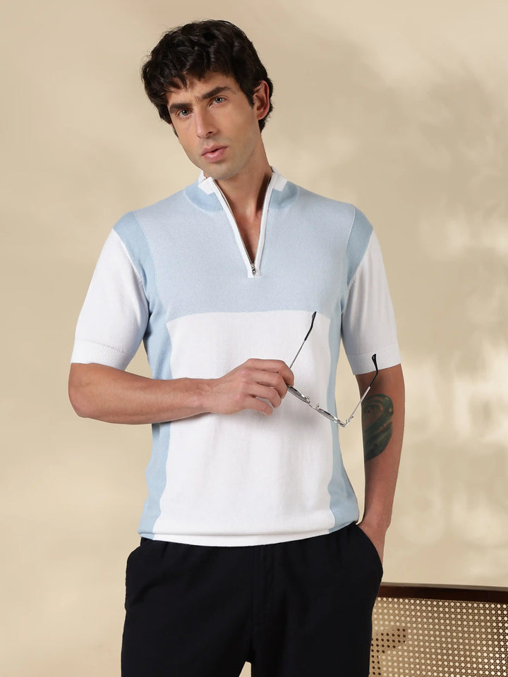 Blue Colour Block Slim Fit Flat Knit T-Shirt