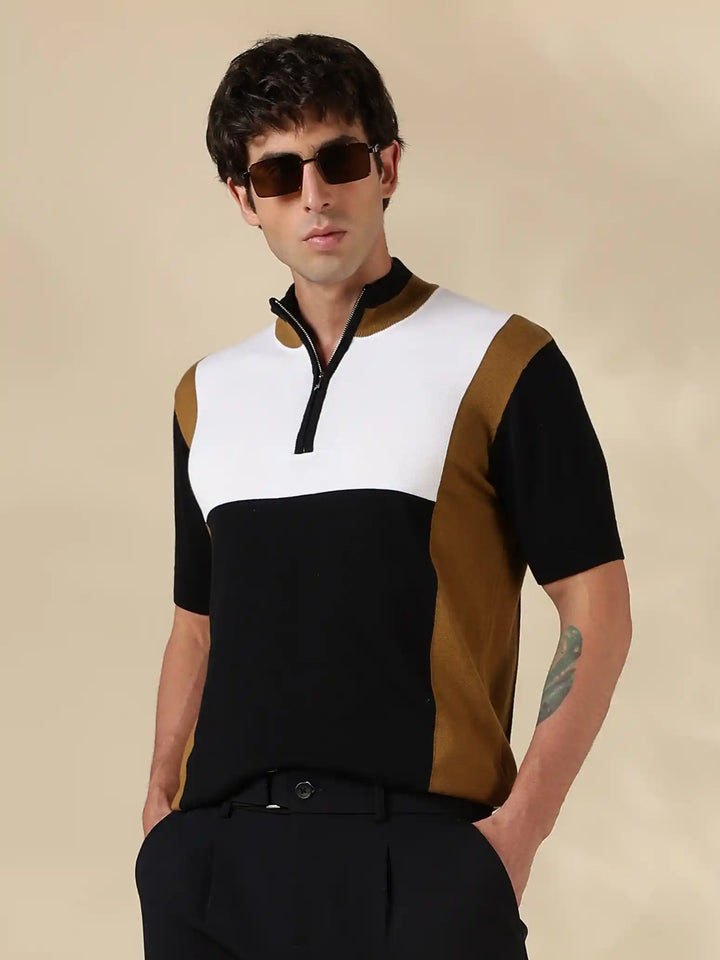 Brown Colour Block Slim Fit Round Neck Flat Knit T-Shirt