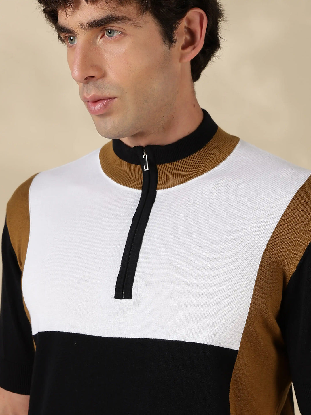 Brown Colour Block Slim Fit Flat Knit T-Shirt