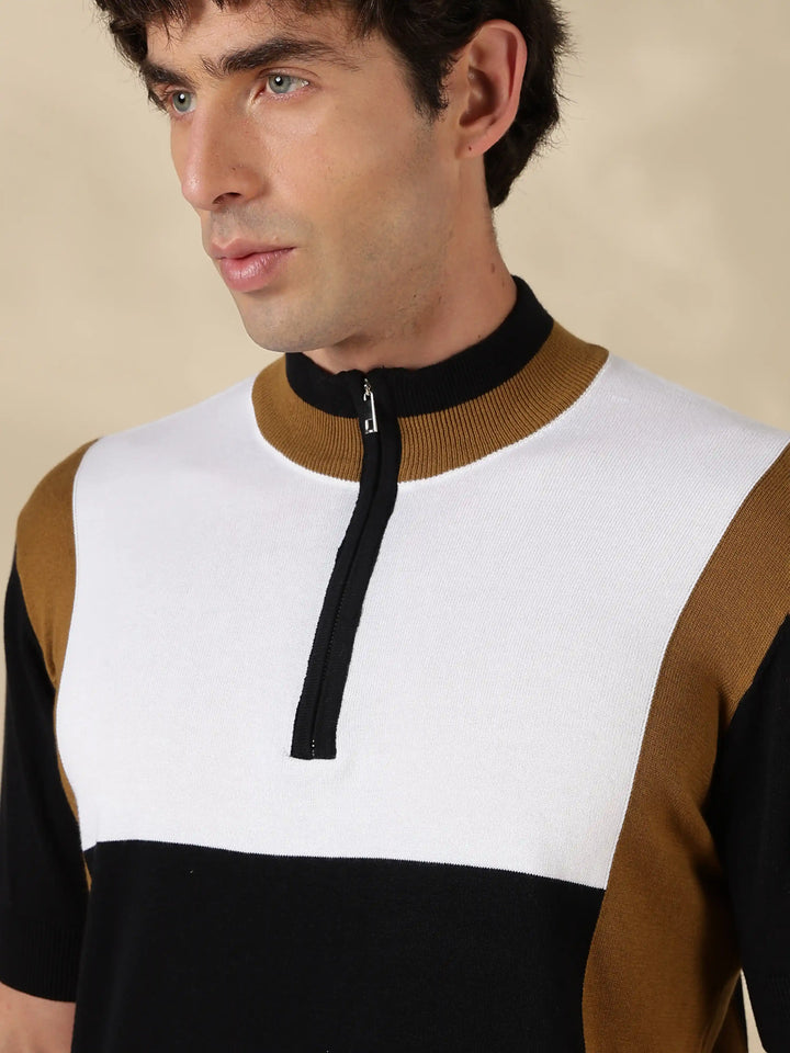 Brown Colour Block Slim Fit Flat Knit T-Shirt