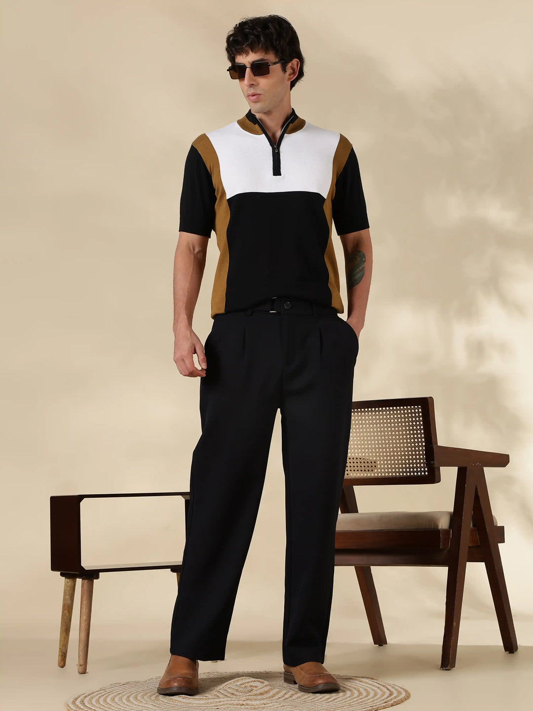 Brown Colour Block Slim Fit Flat Knit T-Shirt