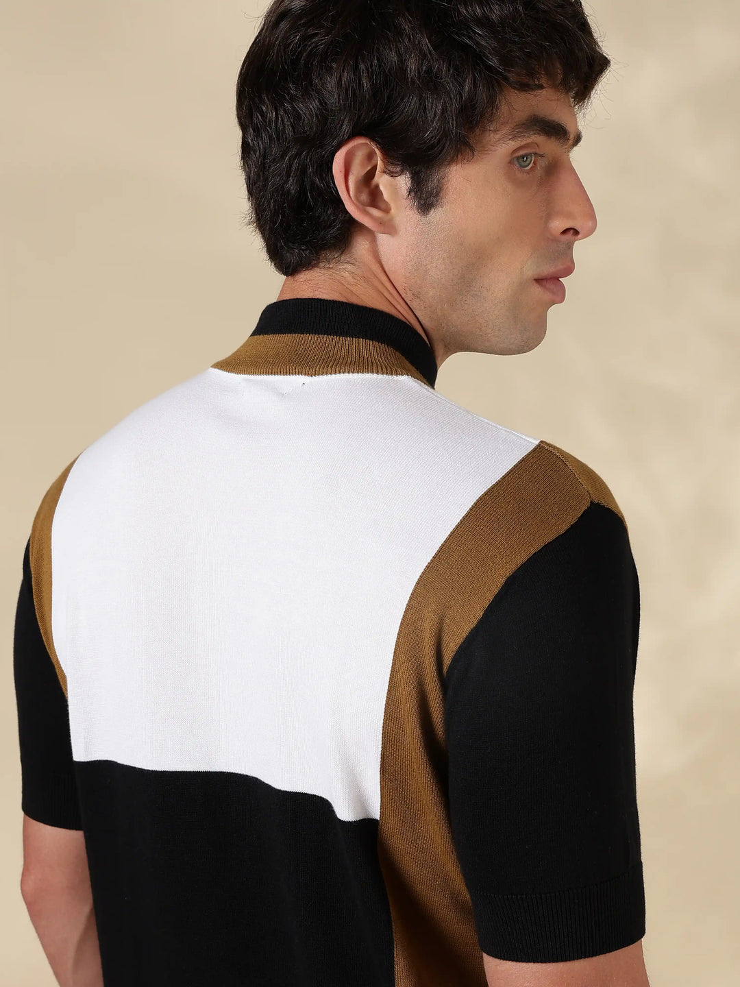 Brown Colour Block Slim Fit Flat Knit T-Shirt