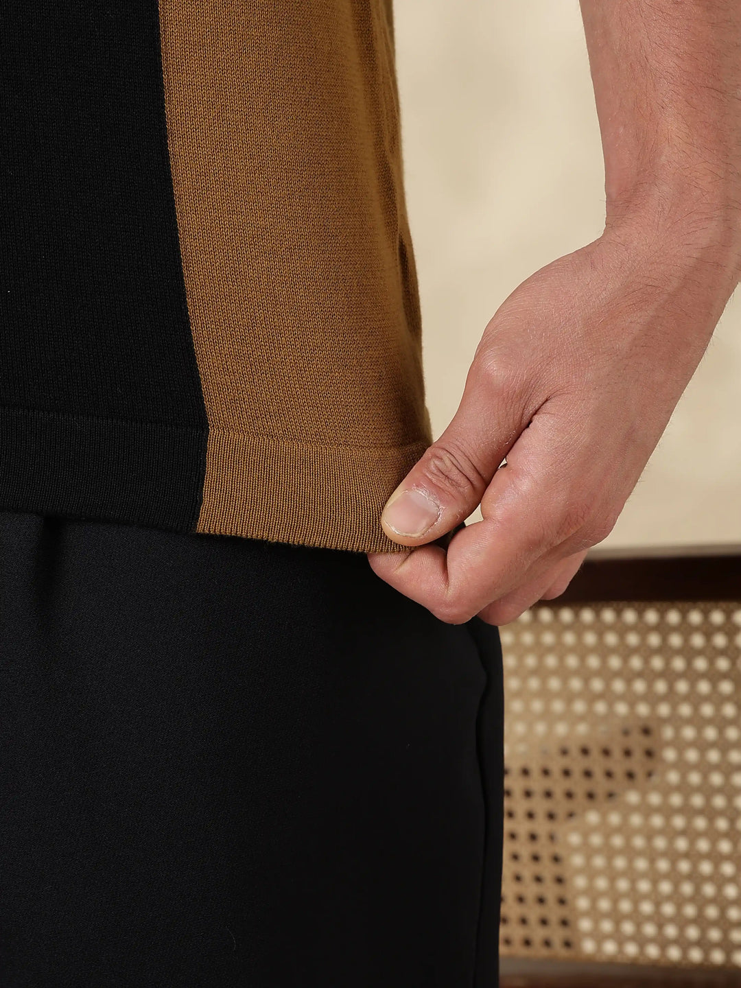 Brown Colour Block Slim Fit Flat Knit T-Shirt